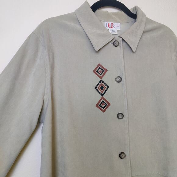 Vintage R&K Originals Faux Suede 90s Shirt Jacket Beige 12 Aztec Tribal Print - Picture 3 of 10